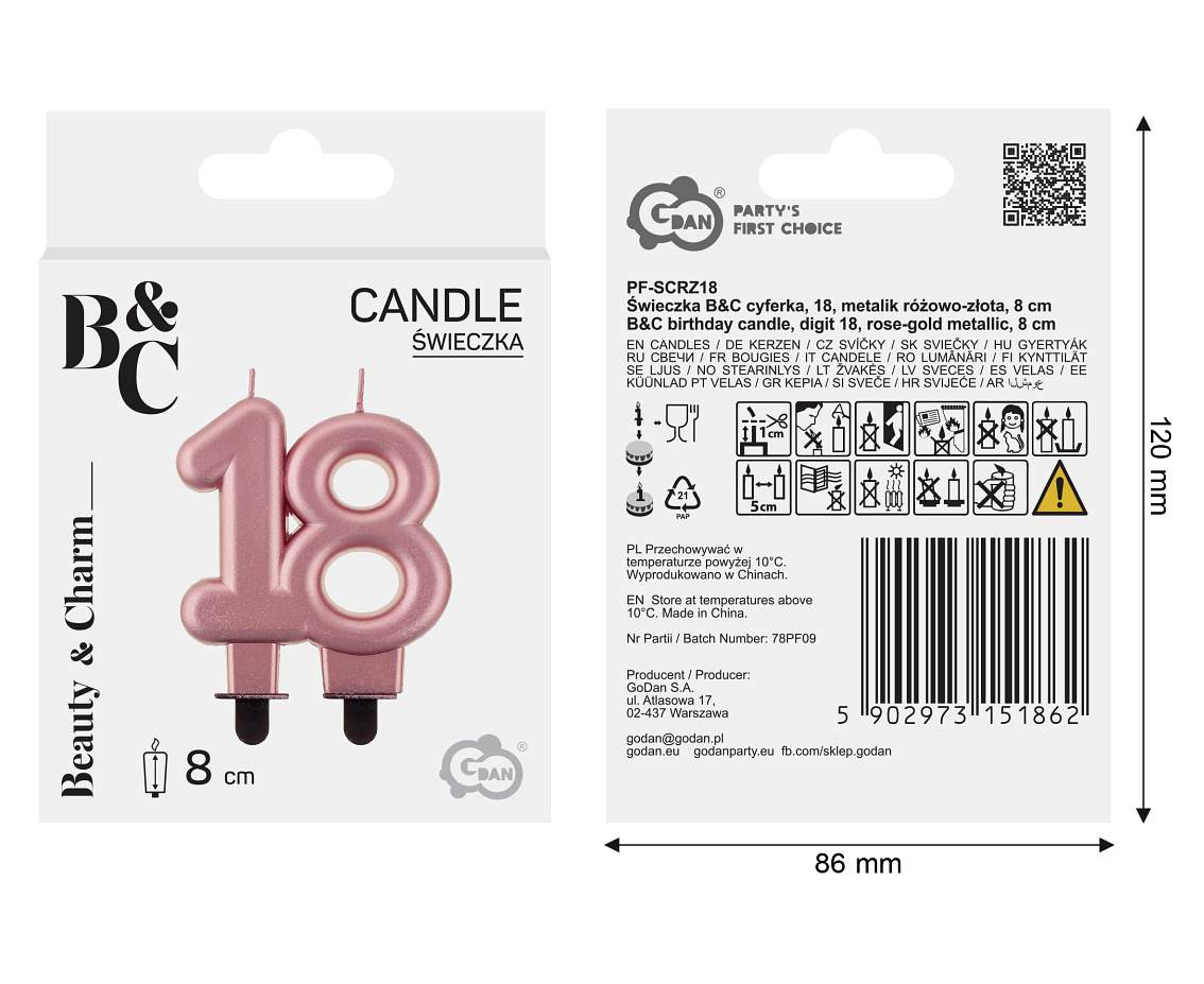B&C birthday candle, digit 18, rose-gold metallic, 8 cm